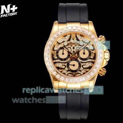 N+ Factory Swiss Clone Rolex Eye Of The Tiger Daytona Gold Case Rubber Strap Watch 